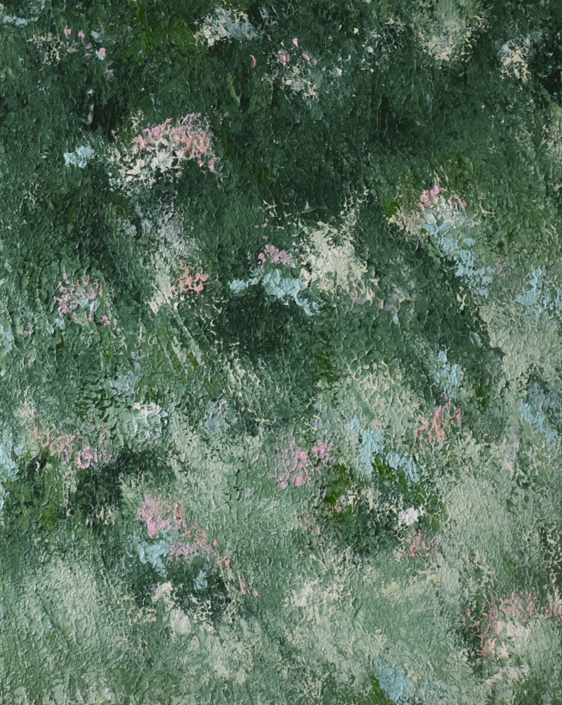 Textured painting with a green and mint surface with abstract patterns